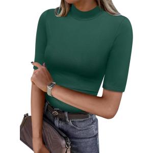 ANRABESS Women Tops Mock Neck 1/2 Short Sleeve Slim Fit Basic Tee Shirts Dressy Work Business 2025 Summer Fall Casual Outfits(Green)