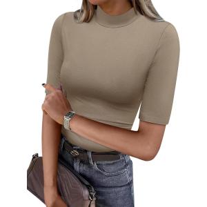 ANRABESS Women Tops Mock Neck 1/2 Short Sleeve Slim Fit Basic Tee Shirts Dressy Work Business 2025 Summer Fall Casual Outfits(Khaki)