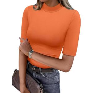 ANRABESS Women Tops Mock Neck 1/2 Short Sleeve Slim Fit Basic Tee Shirts Dressy Work Business 2025 Summer Fall Casual Outfits(Orange)