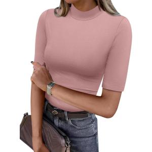 ANRABESS Women Tops Mock Neck 1/2 Short Sleeve Slim Fit Basic Tee Shirts Dressy Work Business 2025 Summer Fall Casual Outfits(Pink)