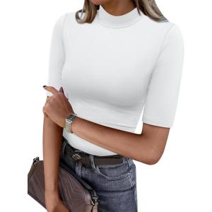 ANRABESS Women Tops Mock Neck 1/2 Short Sleeve Slim Fit Basic Tee Shirts Dressy Work Business 2025 Summer Fall Casual Outfits(White)