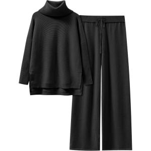 ANRABESS Women Two Piece Outfits Oversized Turtleneck Knit Pullover Sweater Top Wide Leg Pants Lounge Set Sweatsuit 2025 Fall(Black)