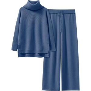 ANRABESS Women Two Piece Outfits Oversized Turtleneck Knit Pullover Sweater Top Wide Leg Pants Lounge Set Sweatsuit 2025 Fall(Blue)