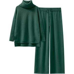 ANRABESS Women Two Piece Outfits Oversized Turtleneck Knit Pullover Sweater Top Wide Leg Pants Lounge Set Sweatsuit 2025 Fall(Dark Green)