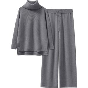 ANRABESS Women Two Piece Outfits Oversized Turtleneck Knit Pullover Sweater Top Wide Leg Pants Lounge Set Sweatsuit 2025 Fall(Dark Grey)