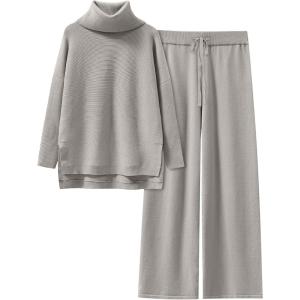 ANRABESS Women Two Piece Outfits Oversized Turtleneck Knit Pullover Sweater Top Wide Leg Pants Lounge Set Sweatsuit 2025 Fall(Gray Apricort)