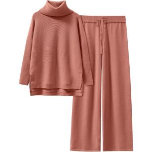 ANRABESS Women Two Piece Outfits Oversized Turtleneck Knit Pullover Sweater Top Wide Leg Pants Lounge Set Sweatsuit 2025 Fall(Rust)
