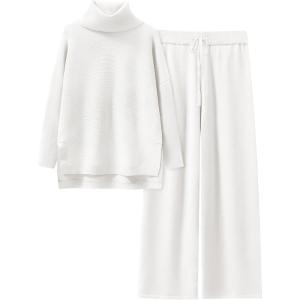 ANRABESS Women Two Piece Outfits Oversized Turtleneck Knit Pullover Sweater Top Wide Leg Pants Lounge Set Sweatsuit 2025 Fall(White)