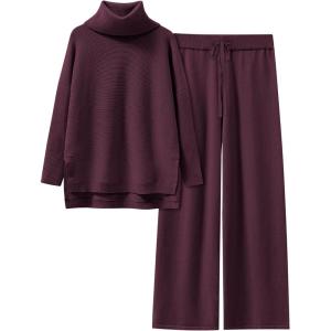 ANRABESS Women Two Piece Outfits Oversized Turtleneck Knit Pullover Sweater Top Wide Leg Pants Lounge Set Sweatsuit 2025 Fall(Wine Red)