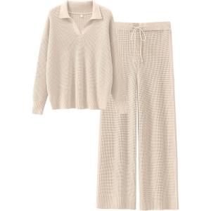 ANRABESS Women Two Piece Outfits Sweater Sets Lounge Waffle Knit Pullover Matching Wide Leg Pants Tracksuit 2025 Fall Fashion(Apricot)