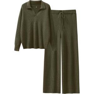 ANRABESS Women Two Piece Outfits Sweater Sets Lounge Waffle Knit Pullover Matching Wide Leg Pants Tracksuit 2025 Fall Fashion(Army Green)