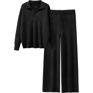 ANRABESS Women Two Piece Outfits Sweater Sets Lounge Waffle Knit Pullover Matching Wide Leg Pants Tracksuit 2025 Fall Fashion(Black)