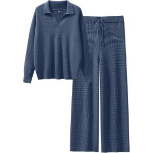 ANRABESS Women Two Piece Outfits Sweater Sets Lounge Waffle Knit Pullover Matching Wide Leg Pants Tracksuit 2025 Fall Fashion(Deep Blue)