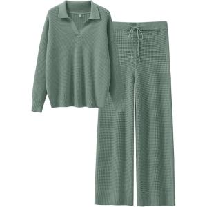 ANRABESS Women Two Piece Outfits Sweater Sets Lounge Waffle Knit Pullover Matching Wide Leg Pants Tracksuit 2025 Fall Fashion(Green)