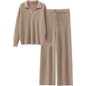 ANRABESS Women Two Piece Outfits Sweater Sets Lounge Waffle Knit Pullover Matching Wide Leg Pants Tracksuit 2025 Fall Fashion(Khaki)