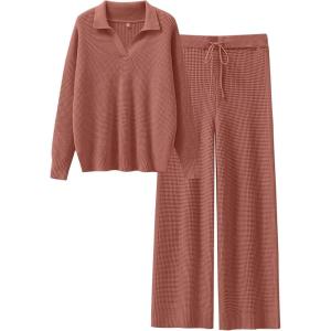 ANRABESS Women Two Piece Outfits Sweater Sets Lounge Waffle Knit Pullover Matching Wide Leg Pants Tracksuit 2025 Fall Fashion(Rust)