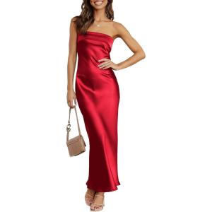 ANRABESS Women Wedding Guest Maxi Dress Strapless Satin Tube Bodycon Backless Cocktail Formal Dresses 2025 Fall(Red)