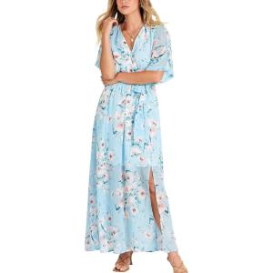 ANRABESS Womens 1/2 Sleeve Beach Wedding Guest Maxi Dresses 2025 Fall Wrap V Neck Boho Floral Flowy Slit Long Summer Dresses(Blue Flor)