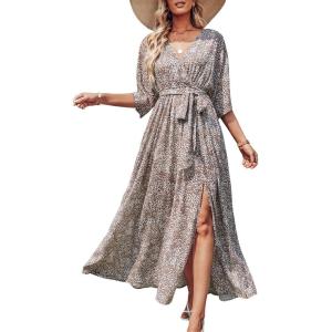 ANRABESS Womens 1/2 Sleeve Beach Wedding Guest Maxi Dresses 2025 Fall Wrap V Neck Boho Floral Flowy Slit Long Summer Dresses(Conch)