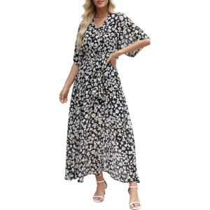 ANRABESS Womens 1/2 Sleeve Beach Wedding Guest Maxi Dresses 2025 Fall Wrap V Neck Boho Floral Flowy Slit Long Summer Dresses(Floral Black White)