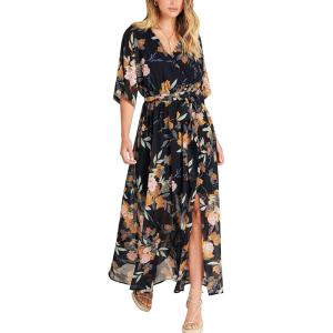 ANRABESS Womens 1/2 Sleeve Beach Wedding Guest Maxi Dresses 2025 Fall Wrap V Neck Boho Floral Flowy Slit Long Summer Dresses(Floral Black Yellow)
