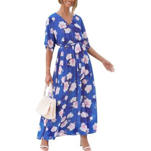 ANRABESS Womens 1/2 Sleeve Beach Wedding Guest Maxi Dresses 2025 Fall Wrap V Neck Boho Floral Flowy Slit Long Summer Dresses(Floral Blue)