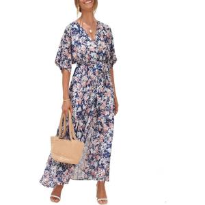 ANRABESS Womens 1/2 Sleeve Beach Wedding Guest Maxi Dresses 2025 Fall Wrap V Neck Boho Floral Flowy Slit Long Summer Dresses(Floral Blue White)
