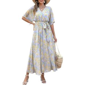 ANRABESS Womens 1/2 Sleeve Beach Wedding Guest Maxi Dresses 2025 Fall Wrap V Neck Boho Floral Flowy Slit Long Summer Dresses(Floral Blue Yellow)