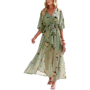 ANRABESS Womens 1/2 Sleeve Beach Wedding Guest Maxi Dresses 2025 Fall Wrap V Neck Boho Floral Flowy Slit Long Summer Dresses(Floral Green)