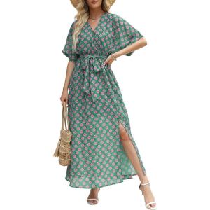 ANRABESS Womens 1/2 Sleeve Beach Wedding Guest Maxi Dresses 2025 Fall Wrap V Neck Boho Floral Flowy Slit Long Summer Dresses(Floral Green Pink)