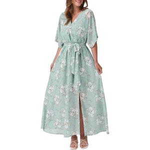 ANRABESS Womens 1/2 Sleeve Beach Wedding Guest Maxi Dresses 2025 Fall Wrap V Neck Boho Floral Flowy Slit Long Summer Dresses(Floral Lake)