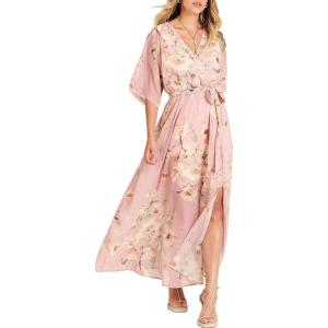 ANRABESS Womens 1/2 Sleeve Beach Wedding Guest Maxi Dresses 2025 Fall Wrap V Neck Boho Floral Flowy Slit Long Summer Dresses(Floral Pink)