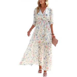 ANRABESS Womens 1/2 Sleeve Beach Wedding Guest Maxi Dresses 2025 Fall Wrap V Neck Boho Floral Flowy Slit Long Summer Dresses(Floral Pink Blue)