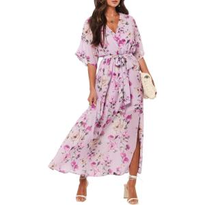 ANRABESS Womens 1/2 Sleeve Beach Wedding Guest Maxi Dresses 2025 Fall Wrap V Neck Boho Floral Flowy Slit Long Summer Dresses(Floral Purple)