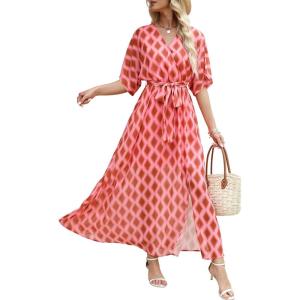 ANRABESS Womens 1/2 Sleeve Beach Wedding Guest Maxi Dresses 2025 Fall Wrap V Neck Boho Floral Flowy Slit Long Summer Dresses(Floral Red)
