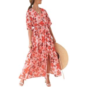 ANRABESS Womens 1/2 Sleeve Beach Wedding Guest Maxi Dresses 2025 Fall Wrap V Neck Boho Floral Flowy Slit Long Summer Dresses(Floral Red Pink)
