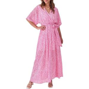 ANRABESS Womens 1/2 Sleeve Beach Wedding Guest Maxi Dresses 2025 Fall Wrap V Neck Boho Floral Flowy Slit Long Summer Dresses(Floral Red White)