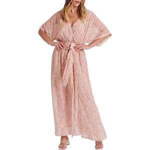 ANRABESS Womens 1/2 Sleeve Beach Wedding Guest Maxi Dresses 2025 Fall Wrap V Neck Boho Floral Flowy Slit Long Summer Dresses(Floral Rose Gold)