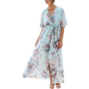 ANRABESS Womens 1/2 Sleeve Beach Wedding Guest Maxi Dresses 2025 Fall Wrap V Neck Boho Floral Flowy Slit Long Summer Dresses(Floral Sky Blue)