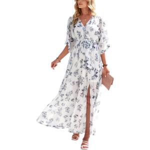 ANRABESS Womens 1/2 Sleeve Beach Wedding Guest Maxi Dresses 2025 Fall Wrap V Neck Boho Floral Flowy Slit Long Summer Dresses(Floral White Teal)