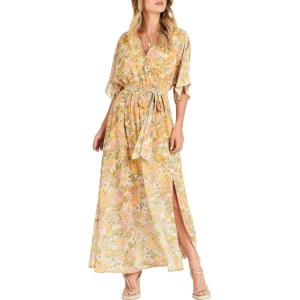 ANRABESS Womens 1/2 Sleeve Beach Wedding Guest Maxi Dresses 2025 Fall Wrap V Neck Boho Floral Flowy Slit Long Summer Dresses(Floral Yellow Pink)