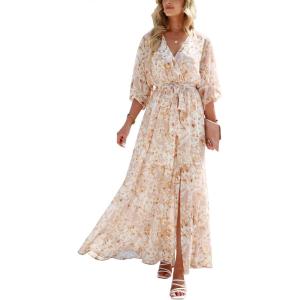 ANRABESS Womens 1/2 Sleeve Beach Wedding Guest Maxi Dresses 2025 Fall Wrap V Neck Boho Floral Flowy Slit Long Summer Dresses(Floral Yellow White)