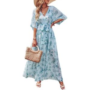 ANRABESS Womens 1/2 Sleeve Beach Wedding Guest Maxi Dresses 2025 Fall Wrap V Neck Boho Floral Flowy Slit Long Summer Dresses(Green Leaf Print)
