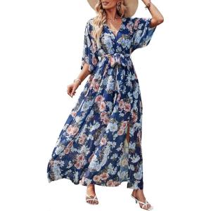 ANRABESS Womens 1/2 Sleeve Beach Wedding Guest Maxi Dresses 2025 Fall Wrap V Neck Boho Floral Flowy Slit Long Summer Dresses(Navy Flor)