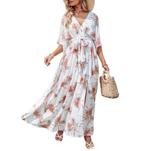 ANRABESS Womens 1/2 Sleeve Beach Wedding Guest Maxi Dresses 2025 Fall Wrap V Neck Boho Floral Flowy Slit Long Summer Dresses(Palm Flor)