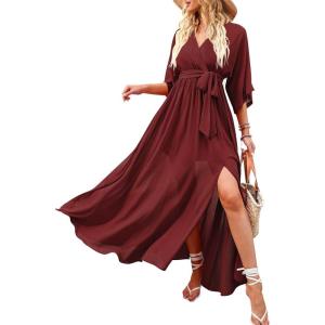ANRABESS Womens 1/2 Sleeve Beach Wedding Guest Maxi Dresses 2025 Fall Wrap V Neck Boho Floral Flowy Slit Long Summer Dresses(Red)