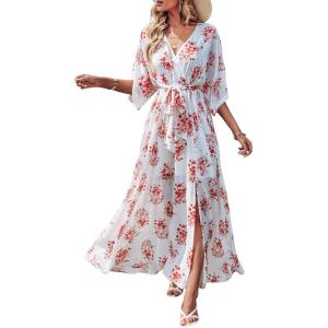 ANRABESS Womens 1/2 Sleeve Beach Wedding Guest Maxi Dresses 2025 Fall Wrap V Neck Boho Floral Flowy Slit Long Summer Dresses(Red Flor)
