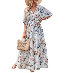 ANRABESS Womens 1/2 Sleeve Beach Wedding Guest Maxi Dresses 2025 Fall Wrap V Neck Boho Floral Flowy Slit Long Summer Dresses(White Flor)