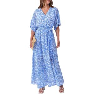 ANRABESS Womens 1/2 Sleeve Beach Wedding Guest Maxi Dresses 2025 Fall Wrap V Neck Boho Floral Flowy Slit Long Summer Dresses(White Flor Print)