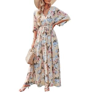 ANRABESS Womens 1/2 Sleeve Beach Wedding Guest Maxi Dresses 2025 Fall Wrap V Neck Boho Floral Flowy Slit Long Summer Dresses(Yellow Flor)